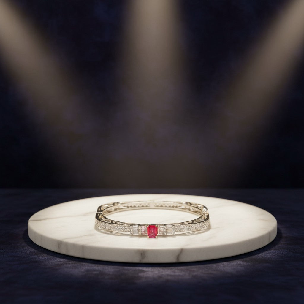 436165 Cubic Zirconia Openable Kada With Rhodium Plating-Rani