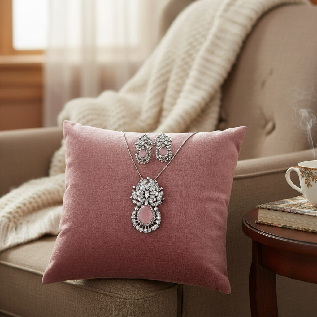 97459-PS-American Diamond Delicate Pendant Set With Rhodium Plating-Pink Semi precious stone