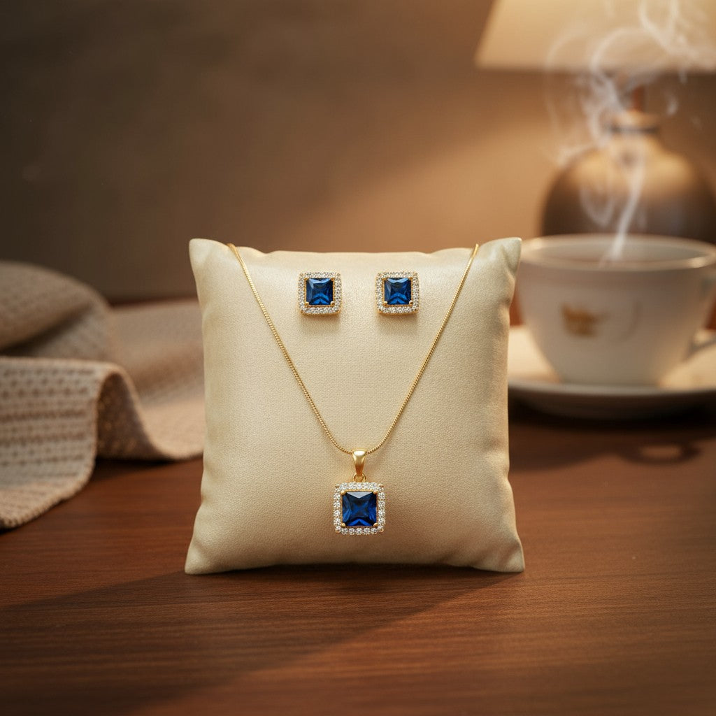 433093-American Diamond Delicate Pendant Set With Rhodium Plating-Blue