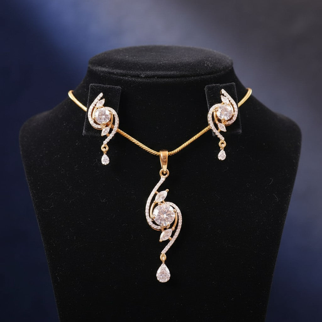 93159-PS-American Diamond Delicate Pendant Set With Gold Plating-White