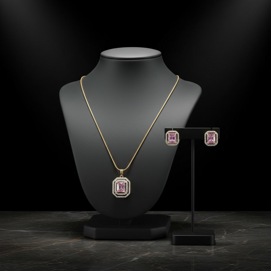 431223-American Diamond Delicate Pendant Set With Gold Plating-Hydra Pink