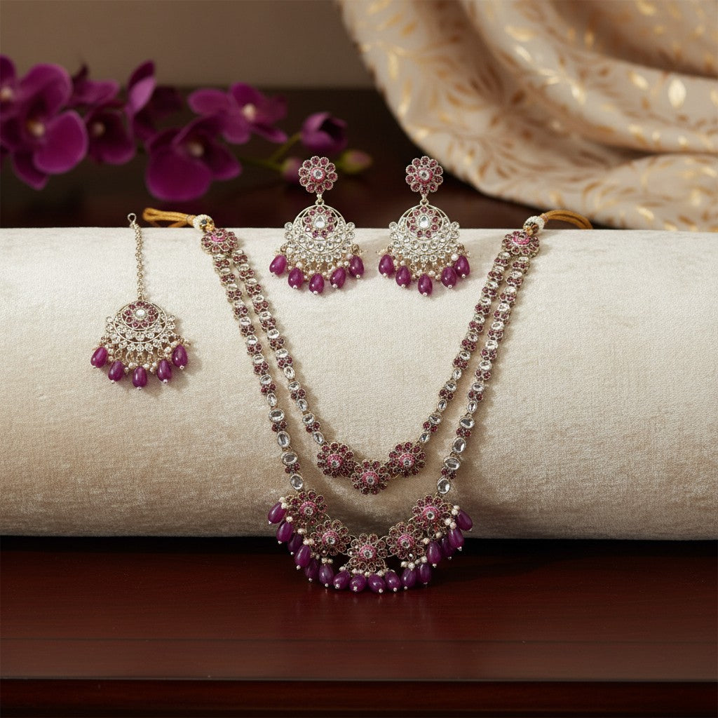 110844 Indo Western Long Necklace With Gold Plating-Purple