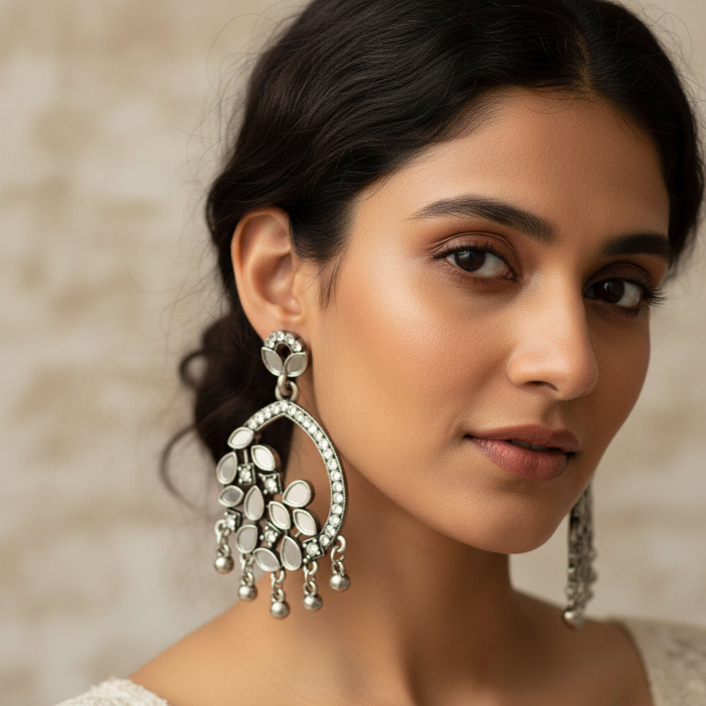 1357-Pretty Precious Oxidised Silver Stylish Party Wear Earrings for Women and Girls Studs - Mirror look