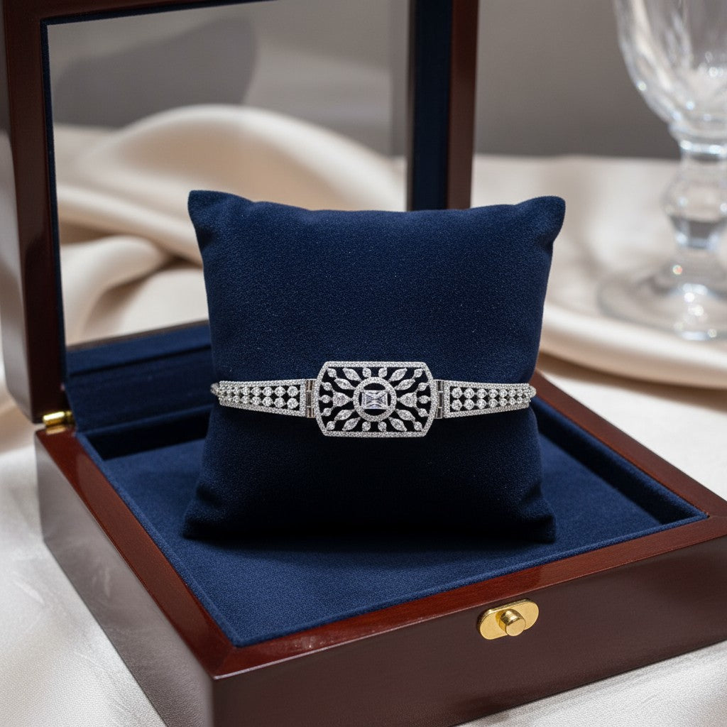 439749 Cubic Zirconia Adjustable Bracelet With Rhodium 2 Tone Plating-Silver