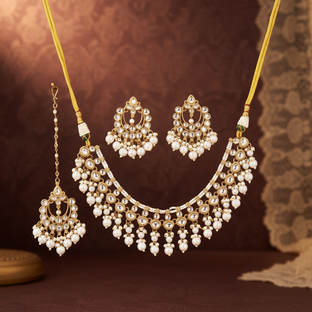 111800 Indo Western Kundan Necklace With Gold Plating-White