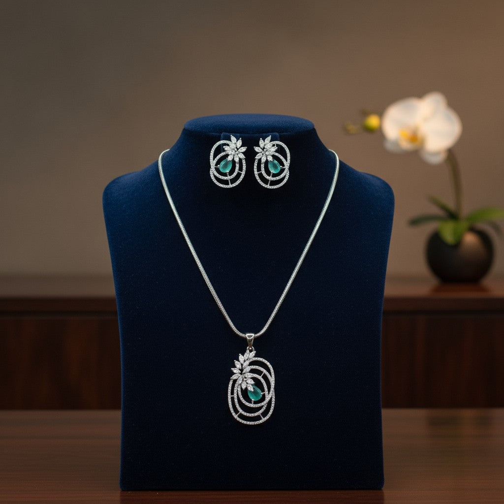 1062-American Diamond Delicate Pendant Set -Silver without Chain-Mint
