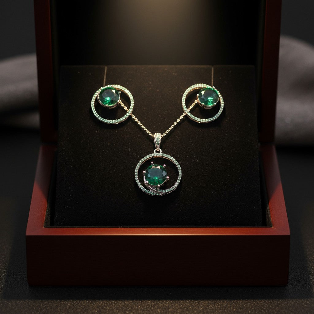 92959-PS-American Diamond Delicate Pendant Set With Rhodium Plating-Green