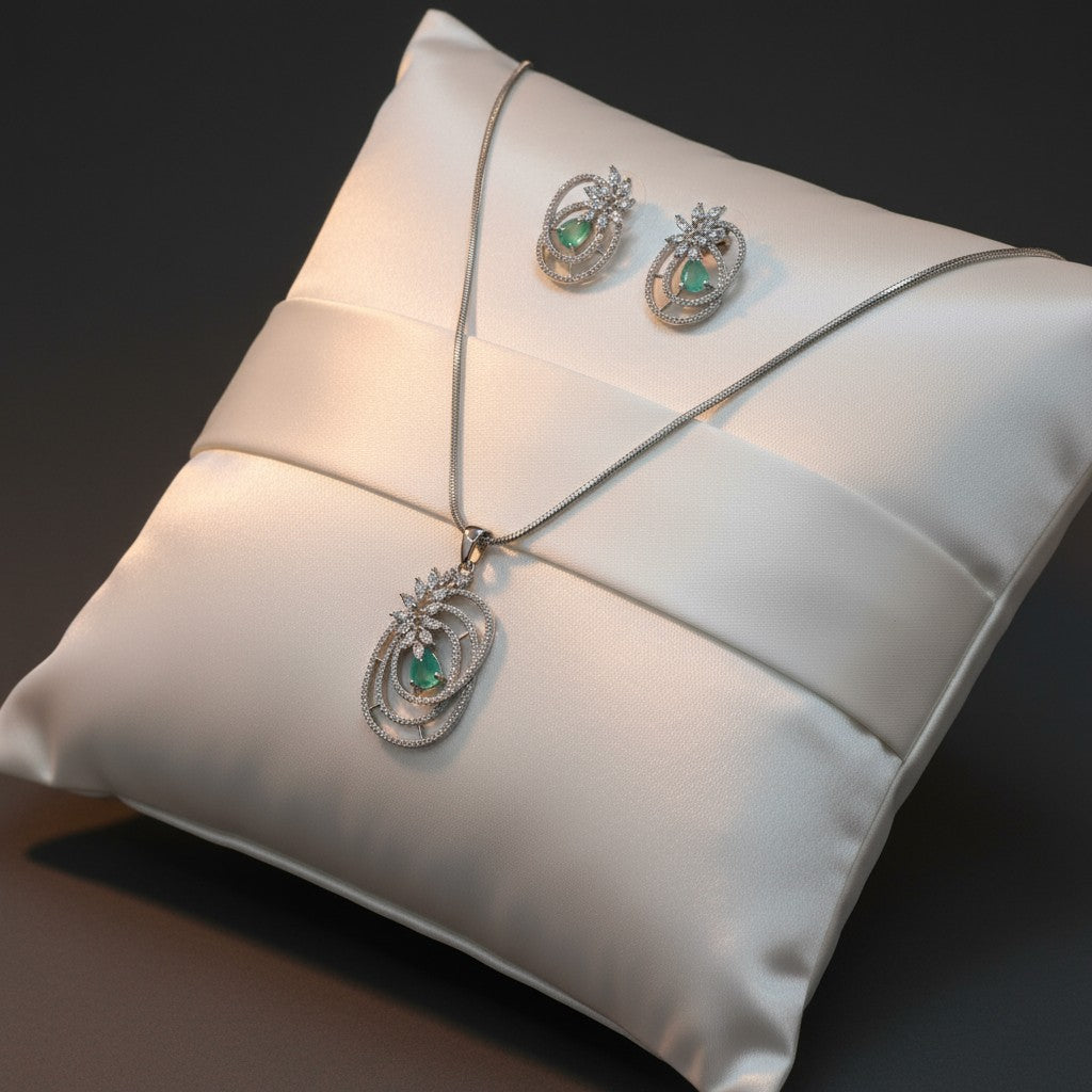 1062-American Diamond Delicate Pendant Set -Silver without Chain-Mint