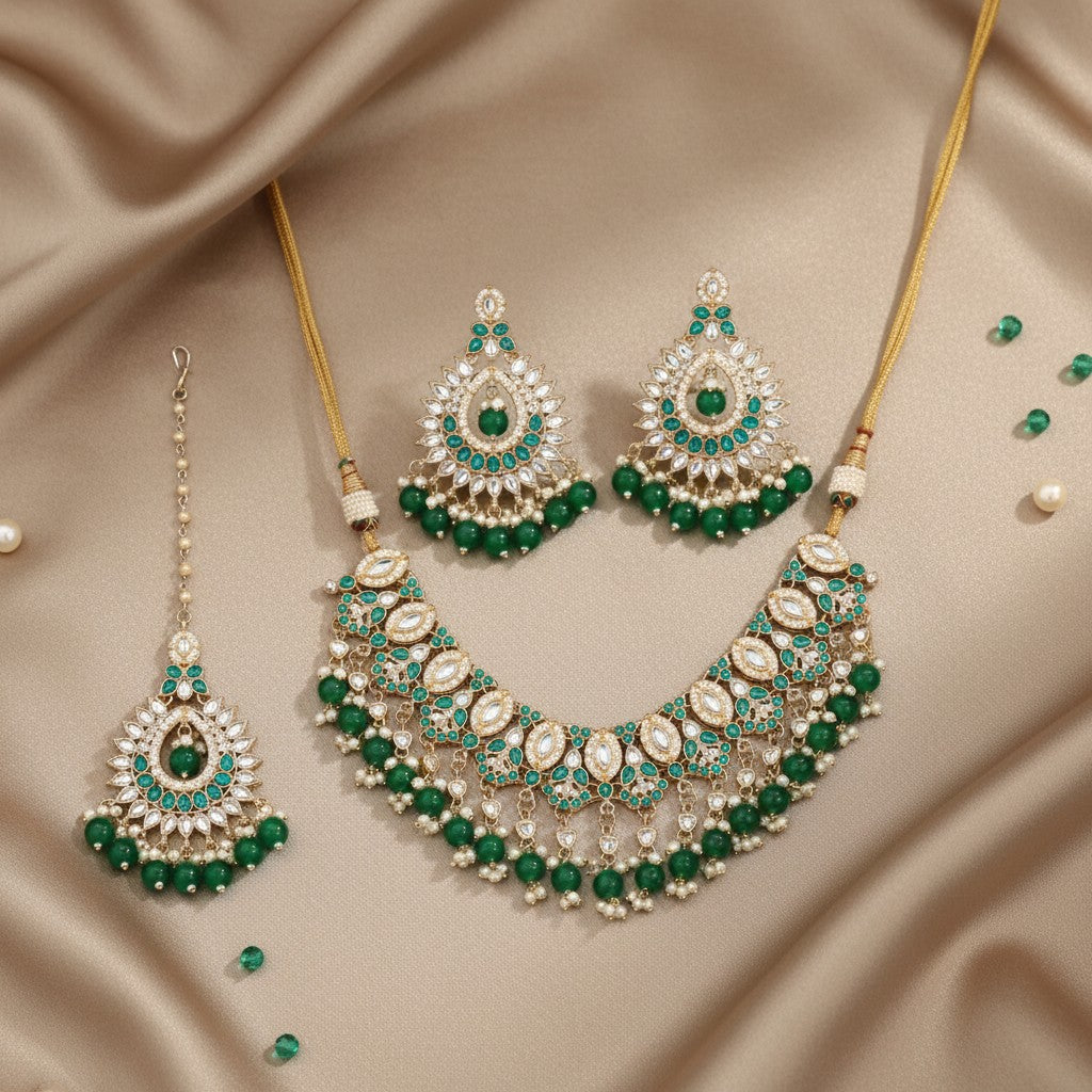 110784 Indo Western Kundan Necklace With Gold Plating-Green