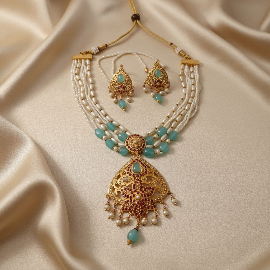 MJ-NS-922009 - Jadau Neckles Set Choker 1gm 24K Gold Plating-Blue