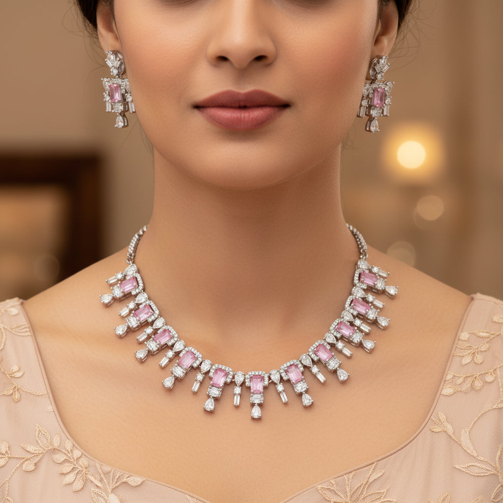 96209-NS Cz Delicate Necklace-Pink