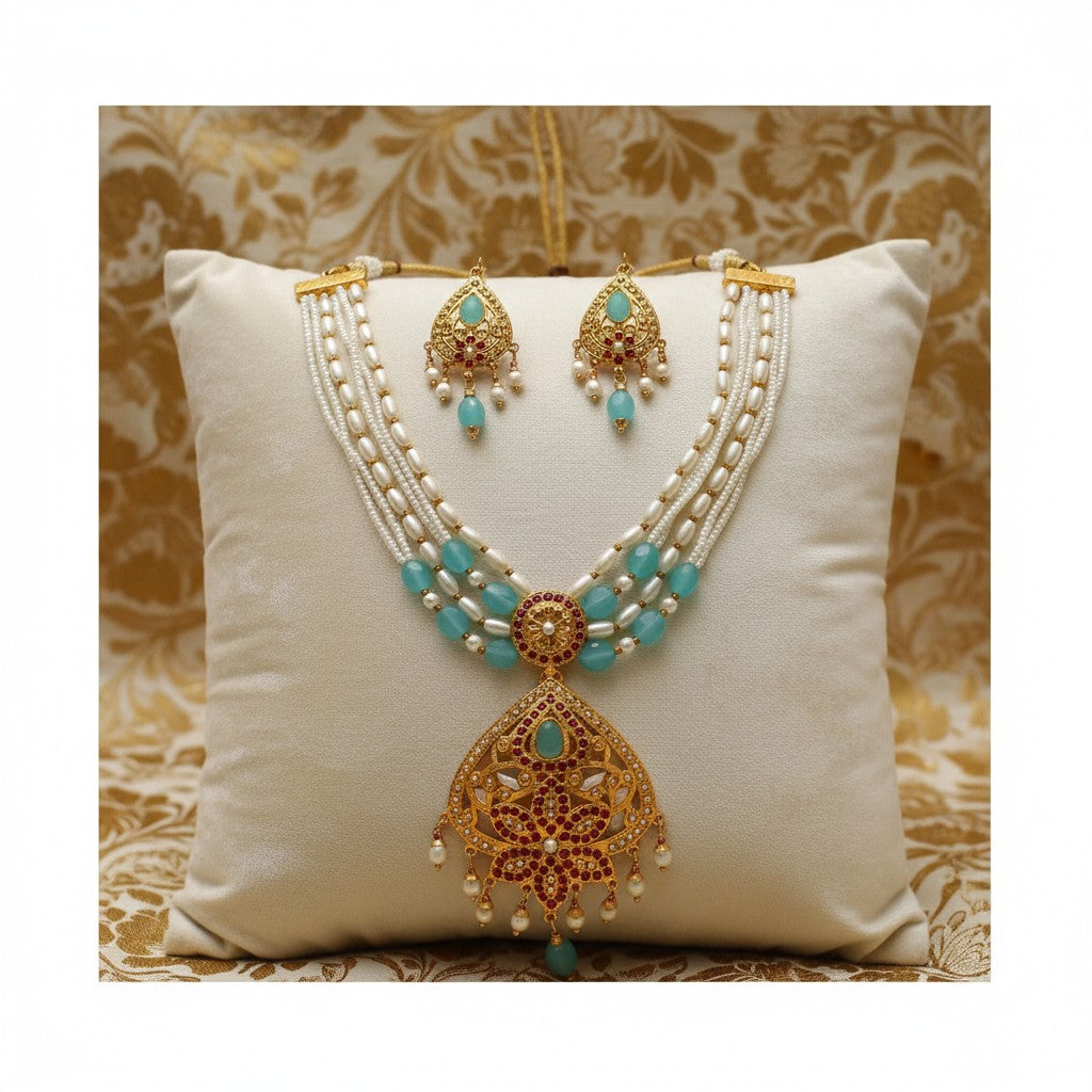 MJ-NS-922009 - Jadau Neckles Set Choker 1gm 24K Gold Plating-Blue