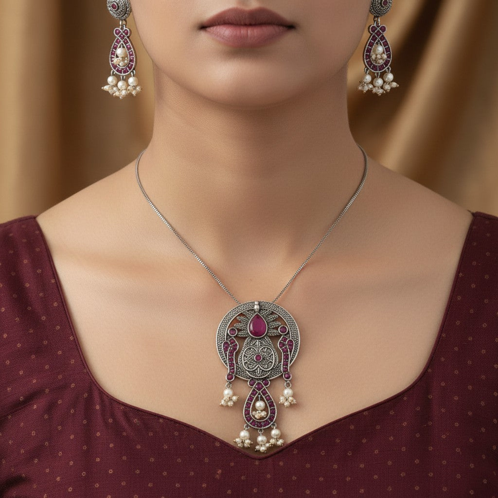 EOX35350 Pendant Set With Oxidized Plating-Ruby
