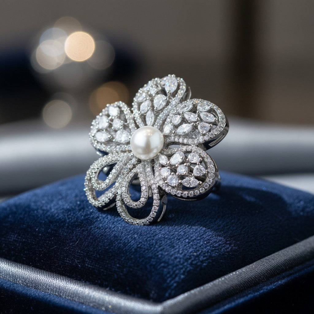 430392-Cubic Zirconia Adjustable Ring With Black 2 Tone Rhodium Plating-Silver