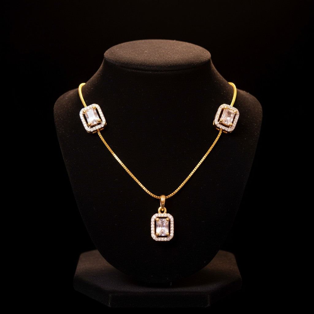 91609-PS-American Diamond Delicate Pendant Set With Gold Plating-Design 4