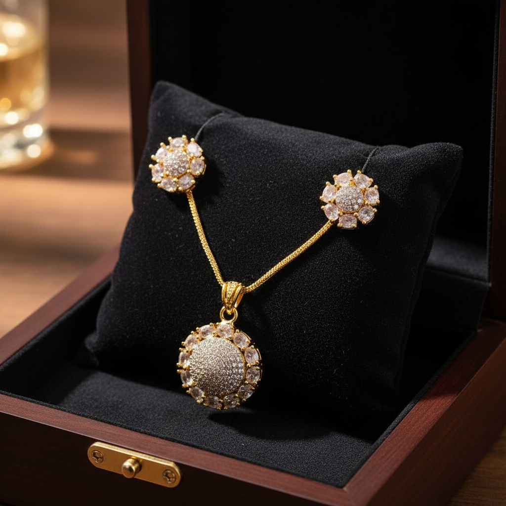 92259-PS-American Diamond Delicate Pendant Set With Gold Plating-Design 3