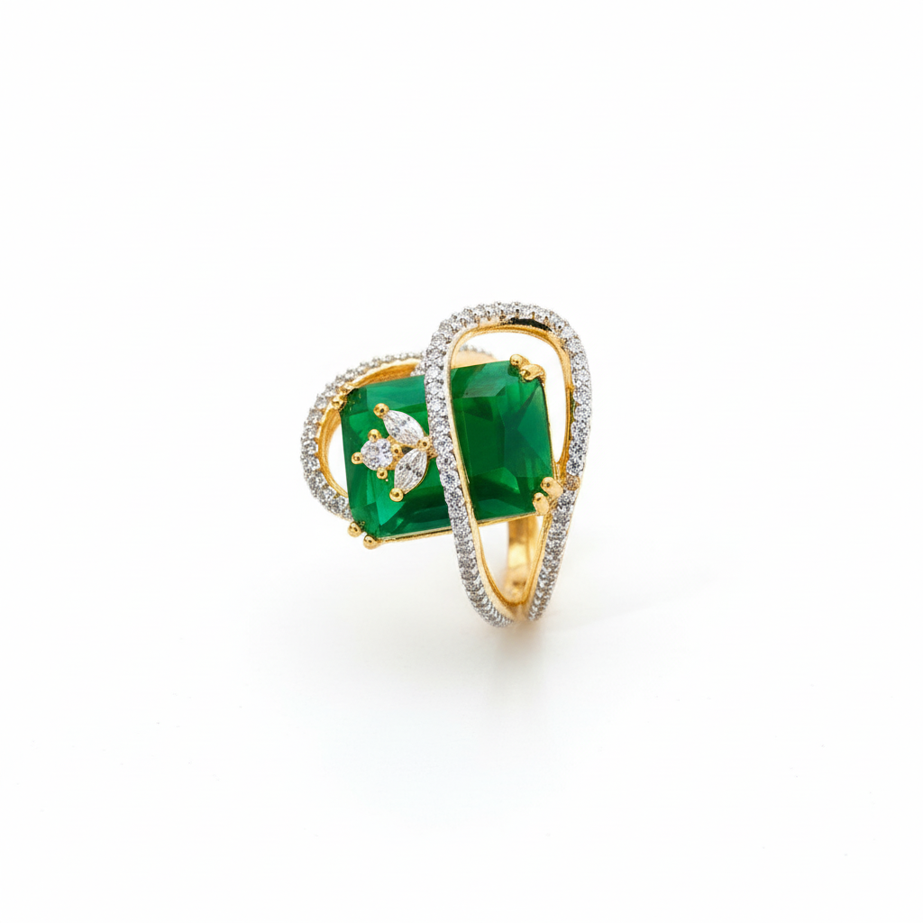 436341 Cz Adjustable Ring With 2 Tone Plating-Green