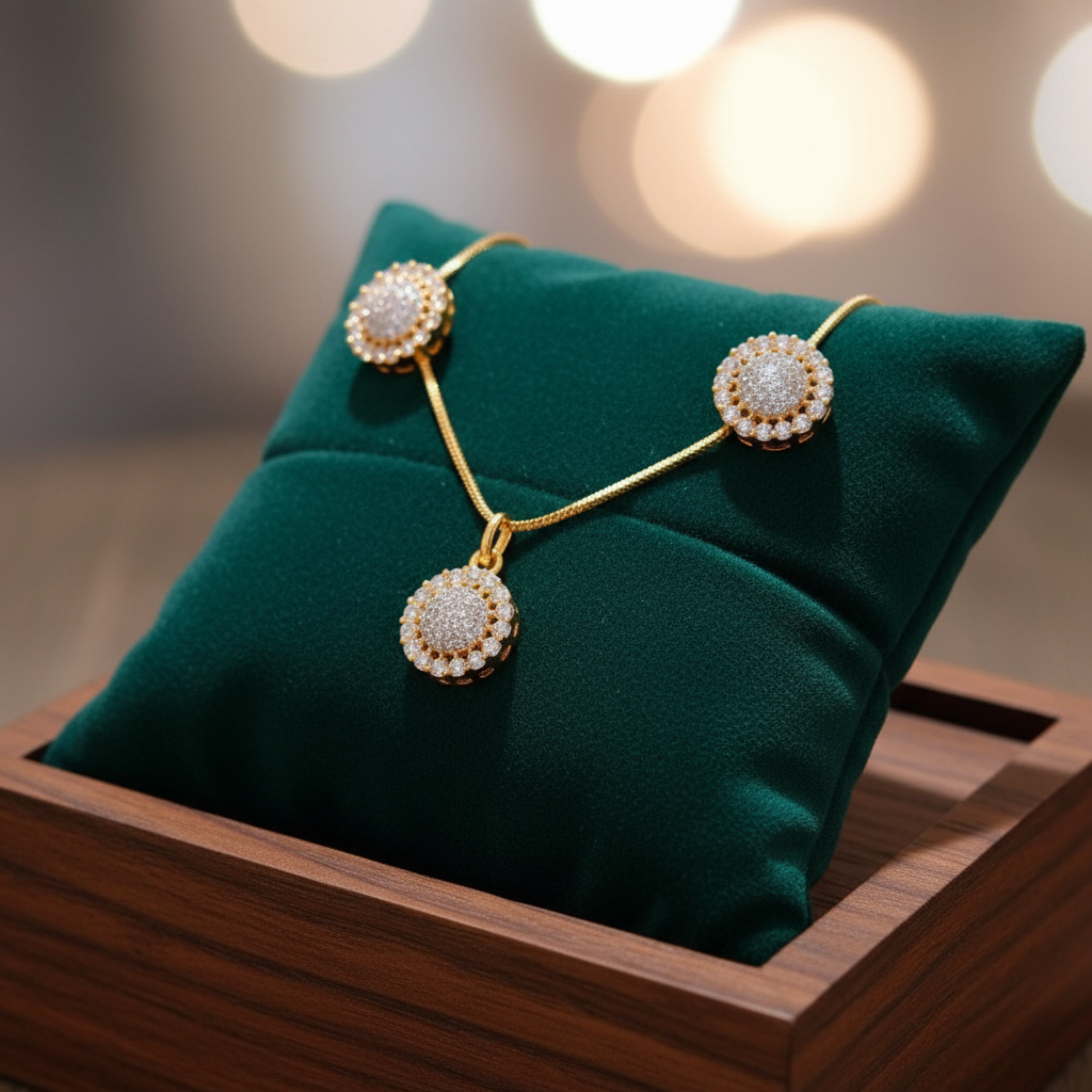 91609-PS-American Diamond Delicate Pendant Set With Gold Plating-Design 1