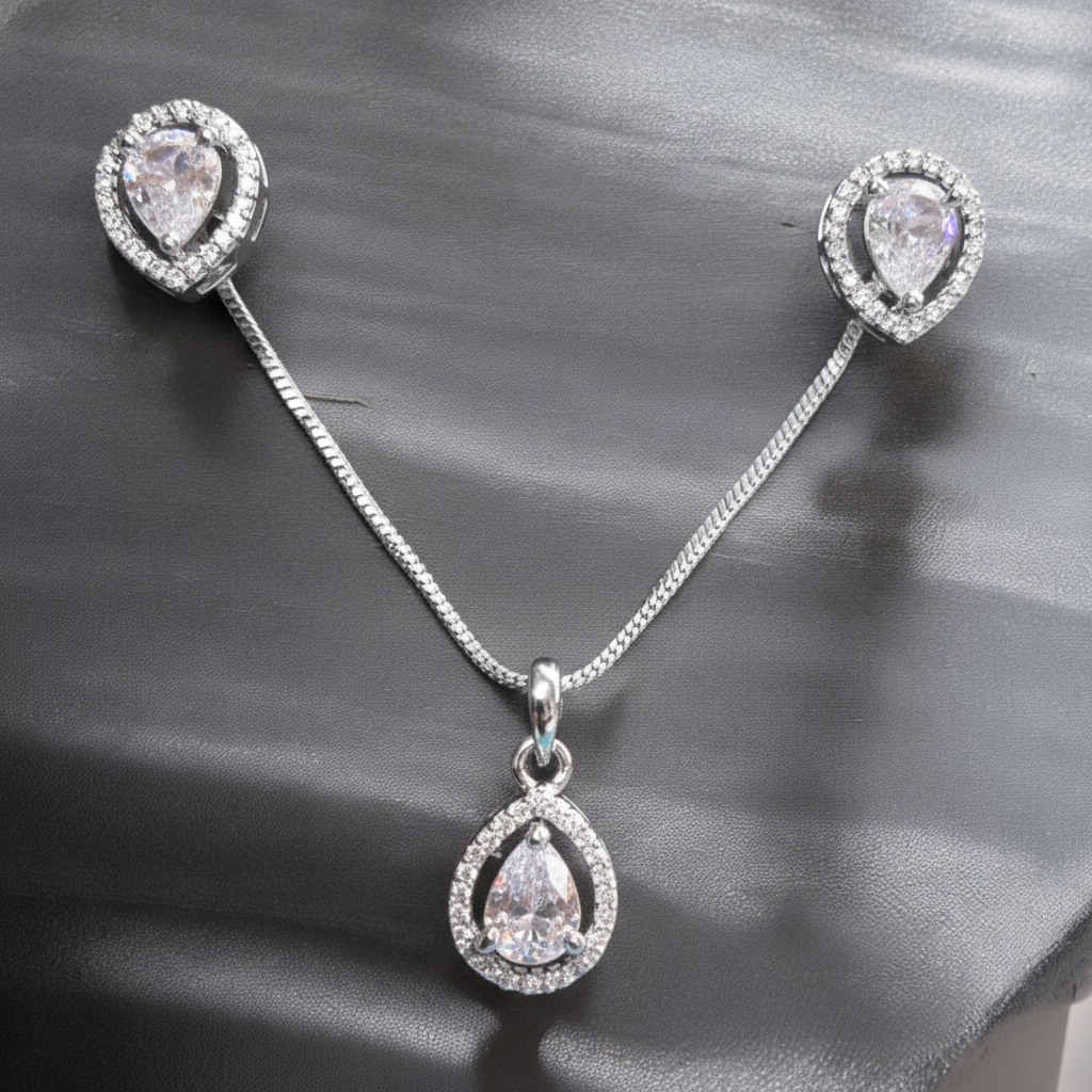 91609-PS-American Diamond Delicate Pendant Set With Rhodium Plating-Design 1
