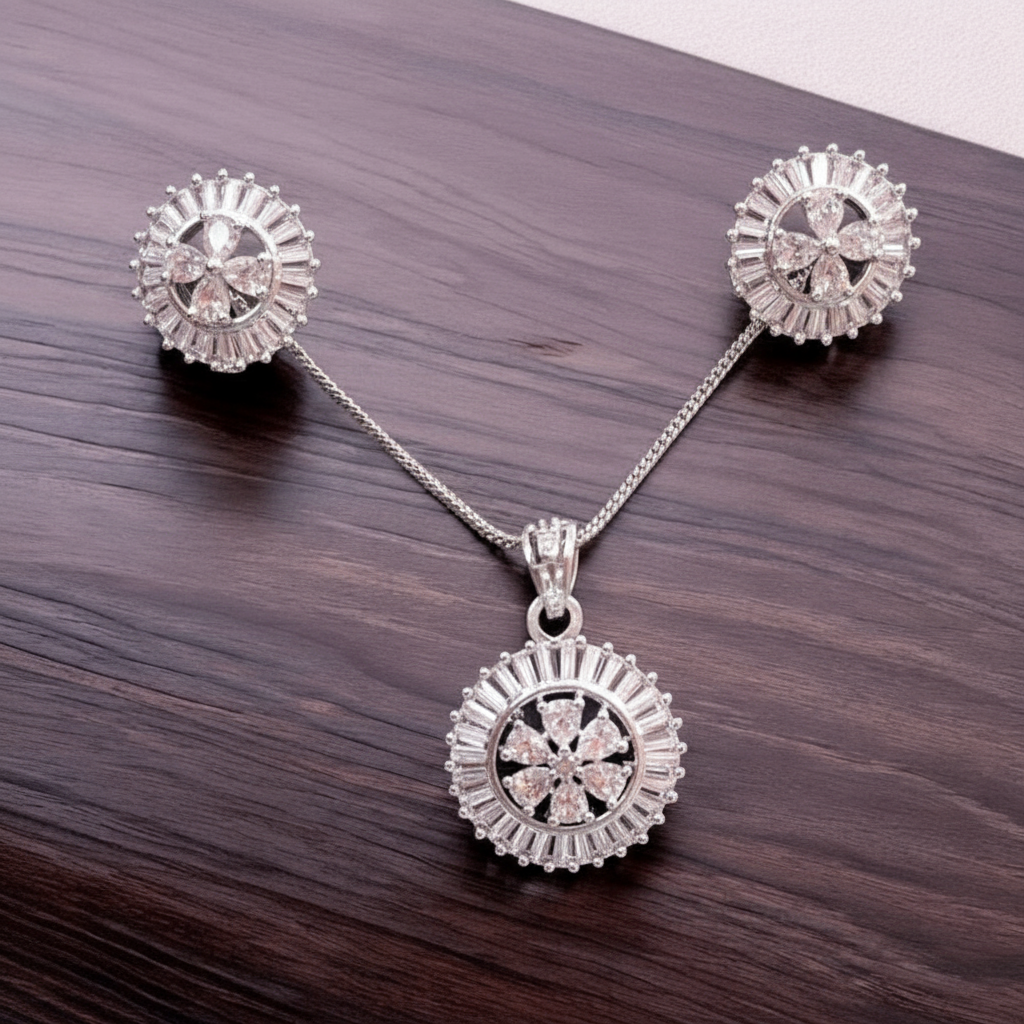 92259-PS-American Diamond Delicate Pendant Set With Rhodium Plating-Design 1