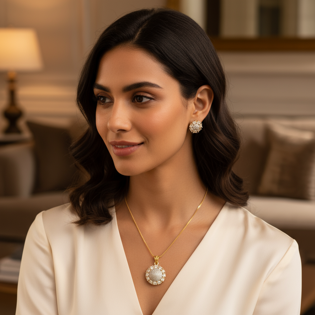 92259-PS-American Diamond Delicate Pendant Set With Gold Plating-Design 3