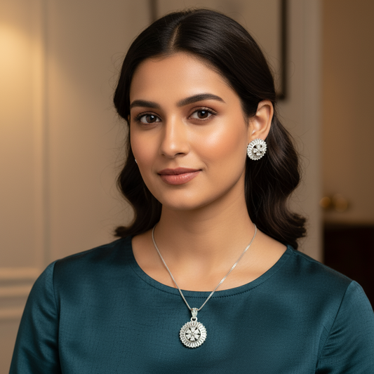 92259-PS-American Diamond Delicate Pendant Set With Rhodium Plating-Design 1