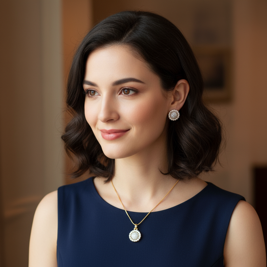 91609-PS-American Diamond Delicate Pendant Set With Gold Plating-Design 1