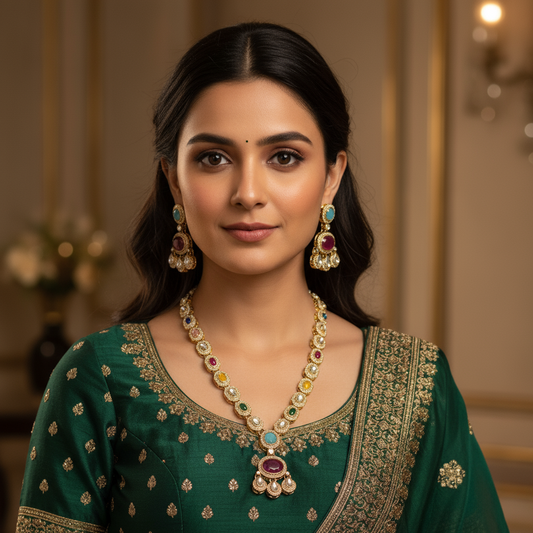 99959-NS Elegant Vintage Necklace and Earrings Set, Gold-Toned with Multicolor Gemstones, Crystal Embellished Traditional Indian Style Jewelry