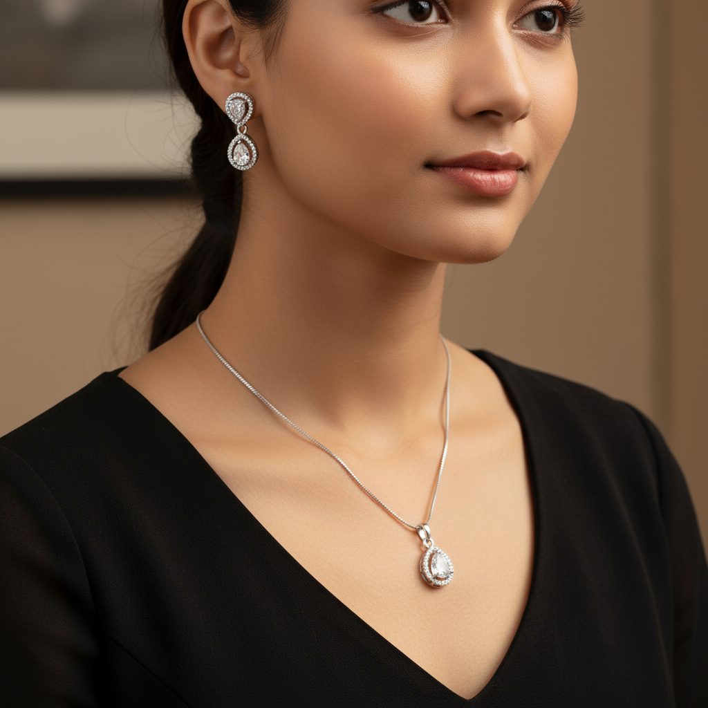 91609-PS-American Diamond Delicate Pendant Set With Rhodium Plating-Design 1