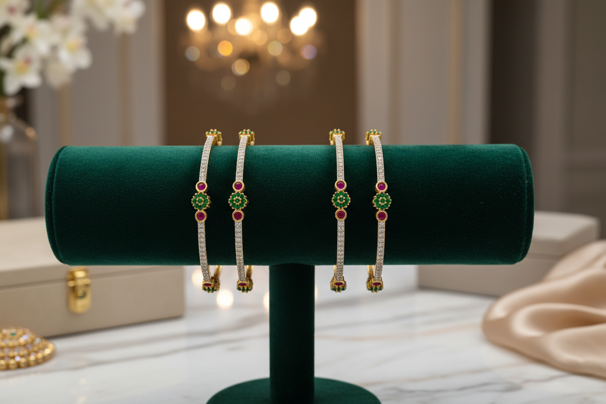 441852-Pretty Precious Gold Plated Cubic Zirconia/American Diamond Traditional Bangles/Bracelet Set of 4 for Women and Girls- Ruby Green (Size 2.6)