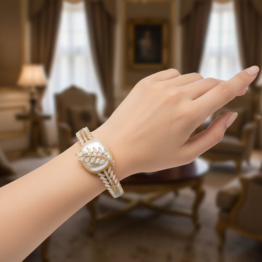 1425-Pretty Precious American Diamond Openable Kada Bracelet for Women, Gold & Silver Plating, Cubic Zirconia, One Size, Party & Wedding-Pearl (Moti)