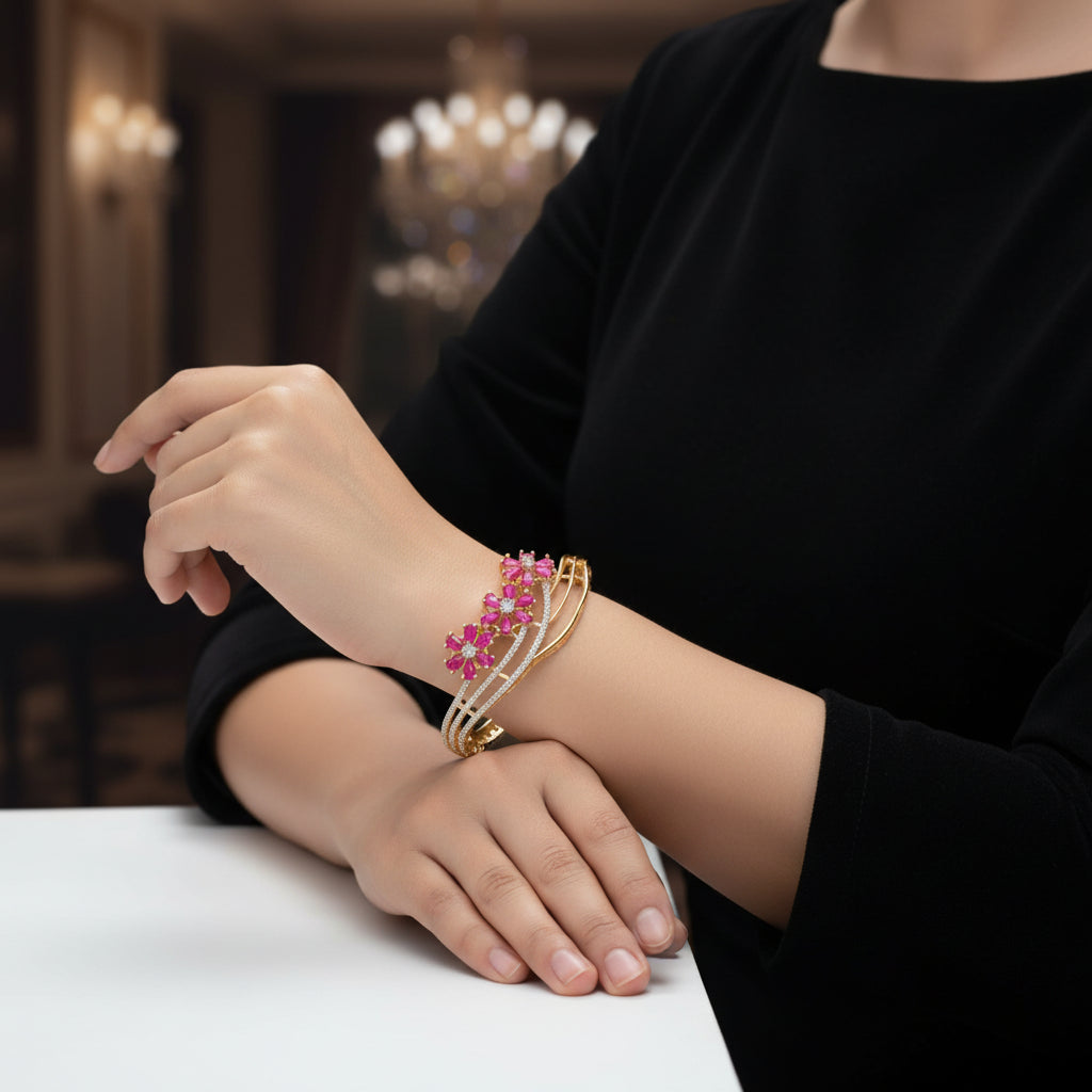 1434-Pretty Precious American Diamond Openable Kada Bracelet for Women, Gold & Silver Plating, Cubic Zirconia, One Size, Party & Wedding-Ruby