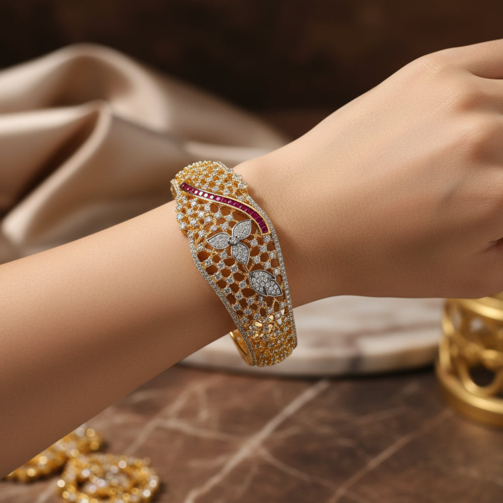 1417-Pretty Precious American Diamond Openable Kada Bracelet for Women, Gold & Silver Plating, Cubic Zirconia, One Size, Party & Wedding-Ruby