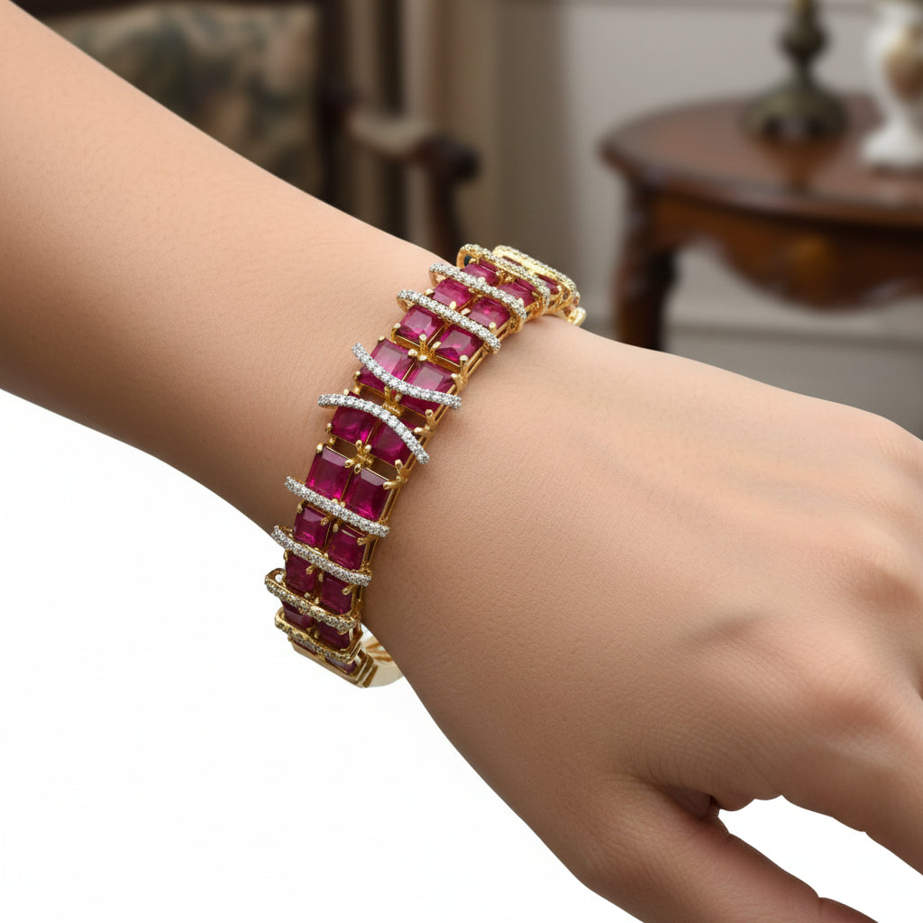 1415-Pretty Precious American Diamond Openable Kada Bracelet for Women, Gold & Silver Plating, Cubic Zirconia, One Size, Party & Wedding-Ruby