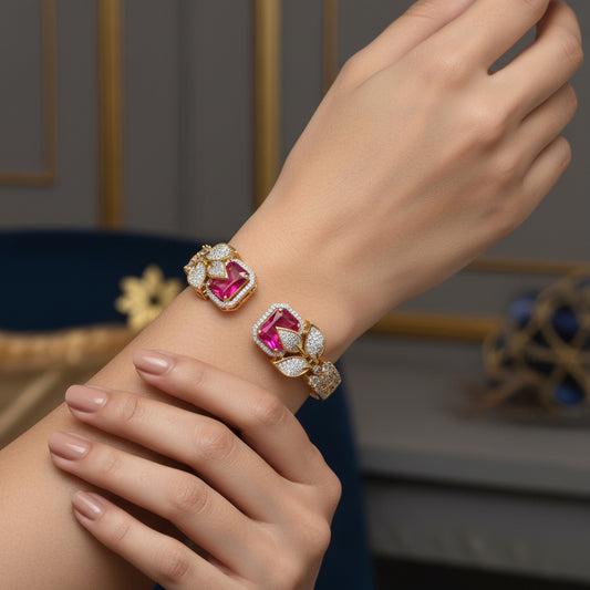 1414-Pretty Precious American Diamond Openable Kada Bracelet for Women, Gold & Silver Plating, Cubic Zirconia, One Size, Party & Wedding-Ruby