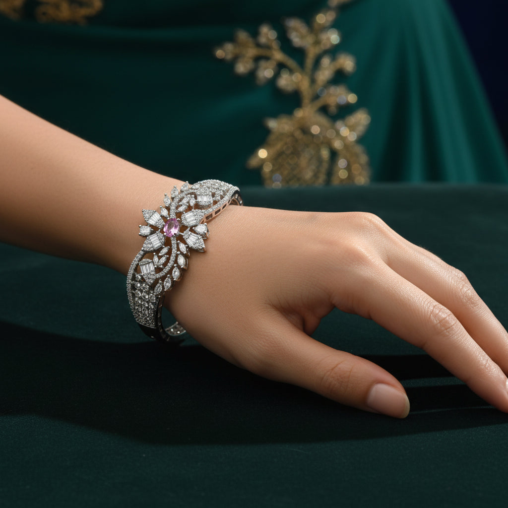 1408-Pretty Precious Rhodium Plated American Diamond Openable Kada Bracelet for Women, Cubic Zirconia, Alloy Steel-Pink