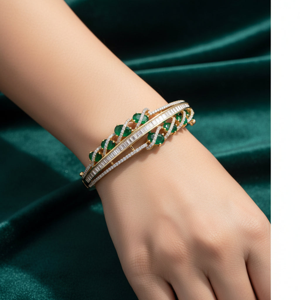1428-Pretty Precious American Diamond Openable Kada Bracelet for Women, Gold & Silver Plating, Cubic Zirconia, One Size, Party & Wedding-Green