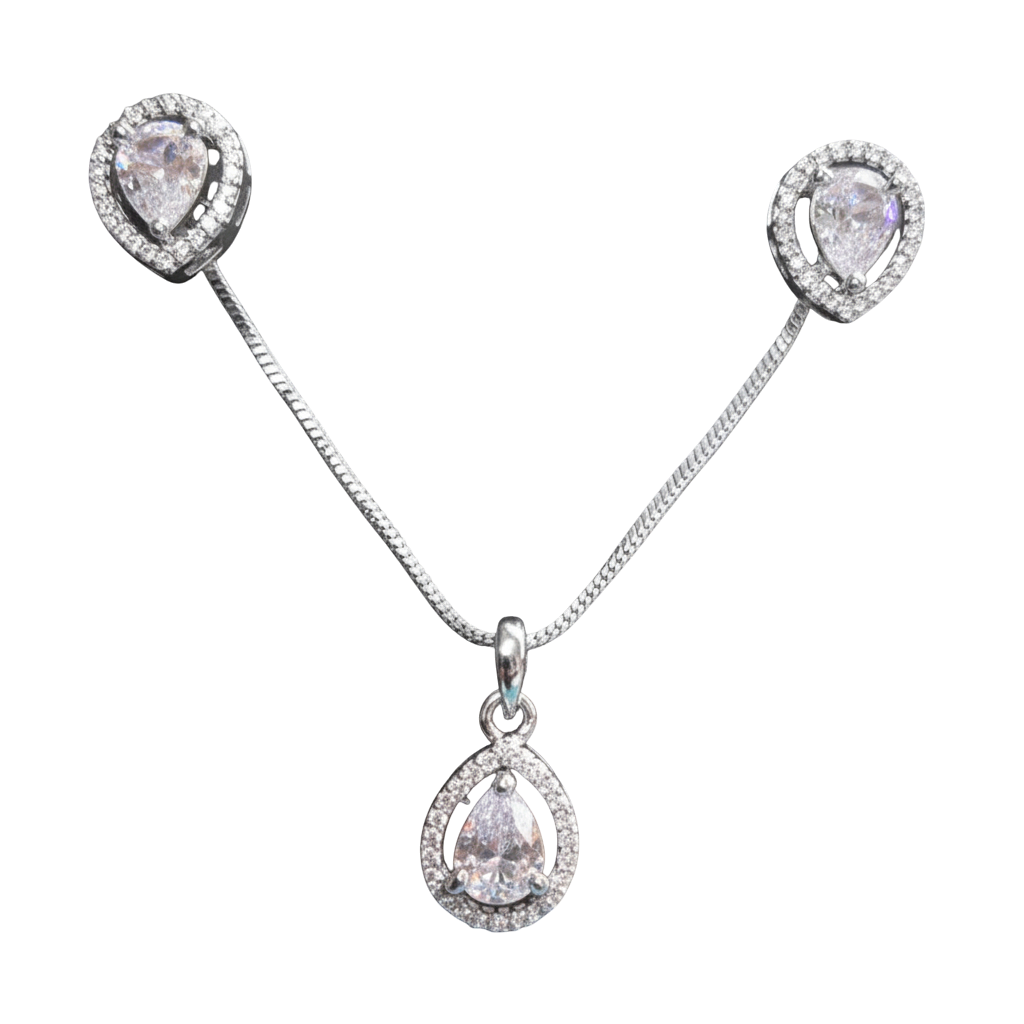 91609-PS-American Diamond Delicate Pendant Set With Rhodium Plating-Design 1