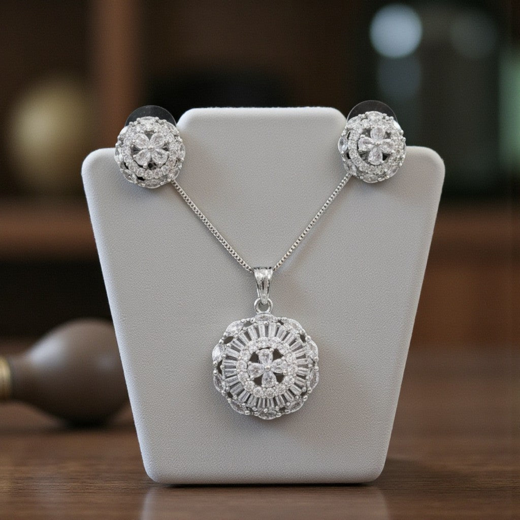 92209-PS-American Diamond Delicate Pendant Set With Rhodium Plating-White