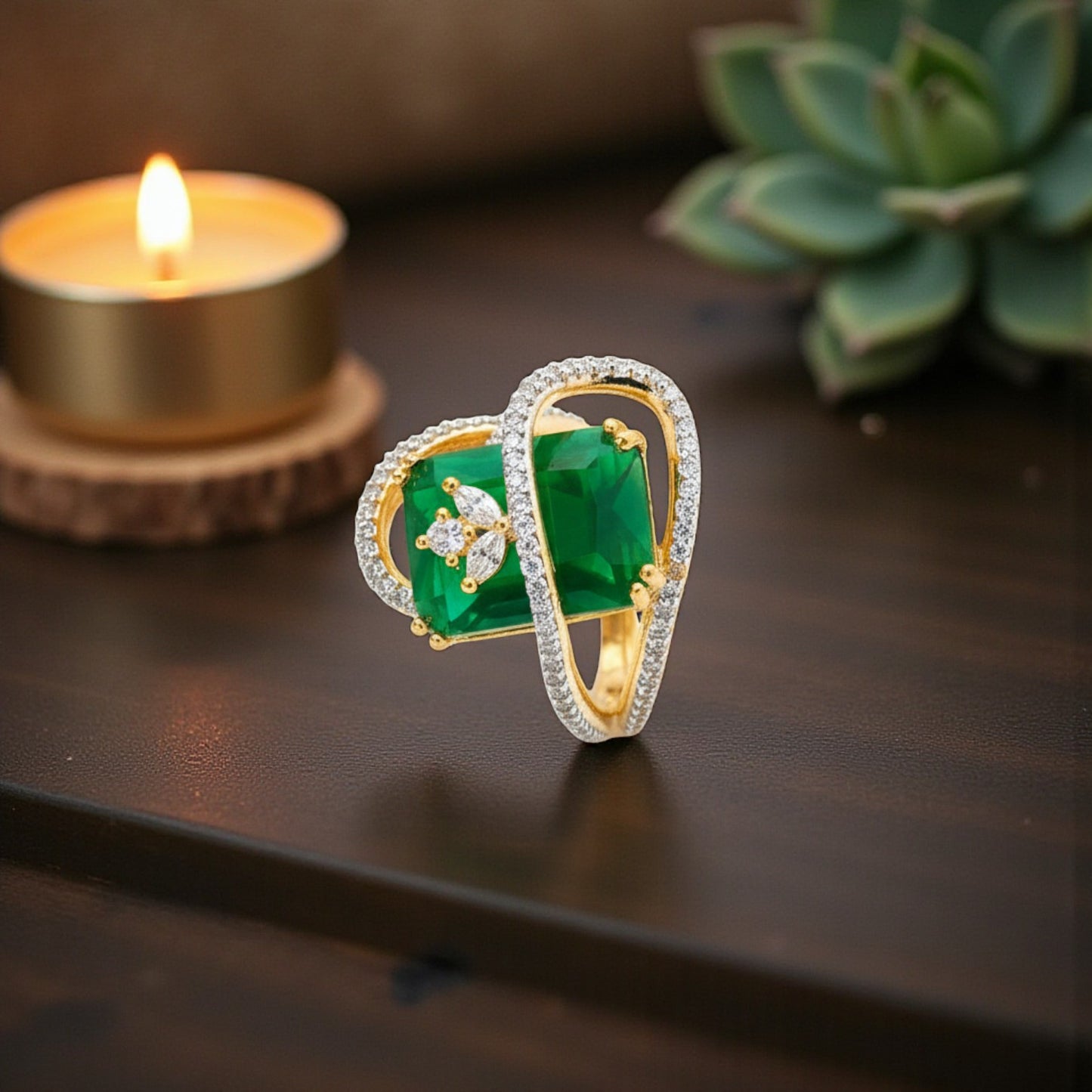 436341 Cz Adjustable Ring With 2 Tone Plating-Green