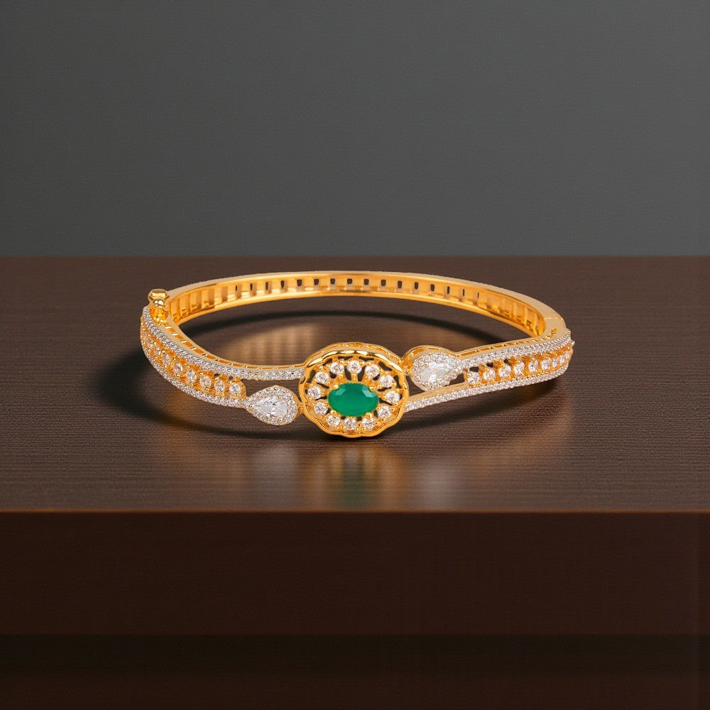 436212 Cubic Zirconia Openable Kada With 2 Tone Plating-Green