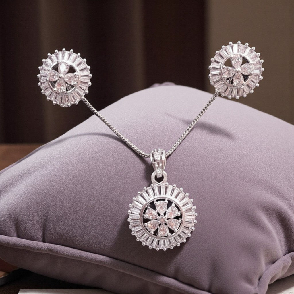 92259-PS-American Diamond Delicate Pendant Set With Rhodium Plating-Design 1