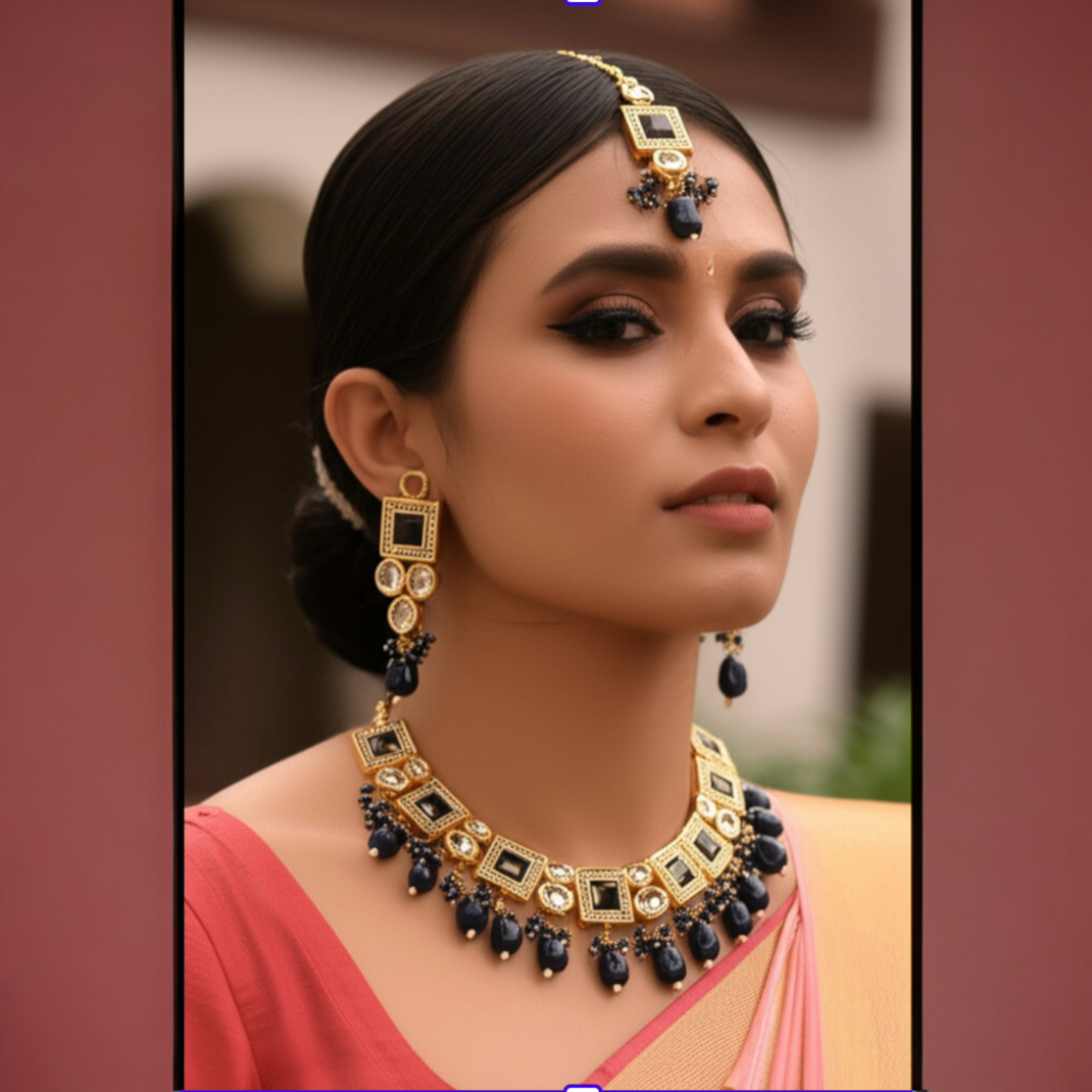 25925 Necklace Set-Indowestern Dark Blue