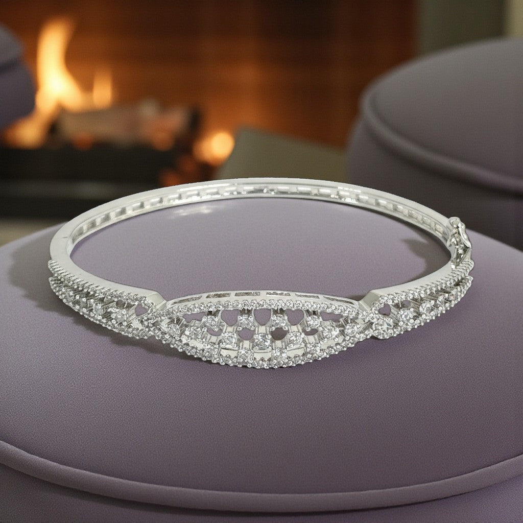439533 Cz Openable Kada With Rhodium 2 Tone Plating-Silver