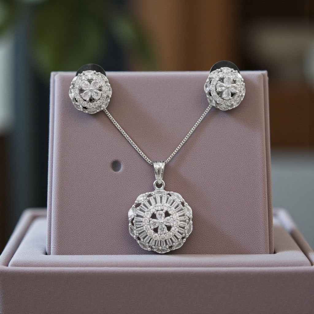 92209-PS-American Diamond Delicate Pendant Set With Rhodium Plating-White