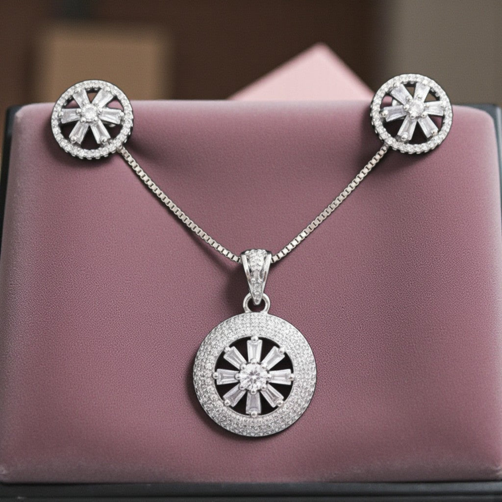 92009-PS-American Diamond Delicate Pendant Set With Rhodium Plating-Design 3