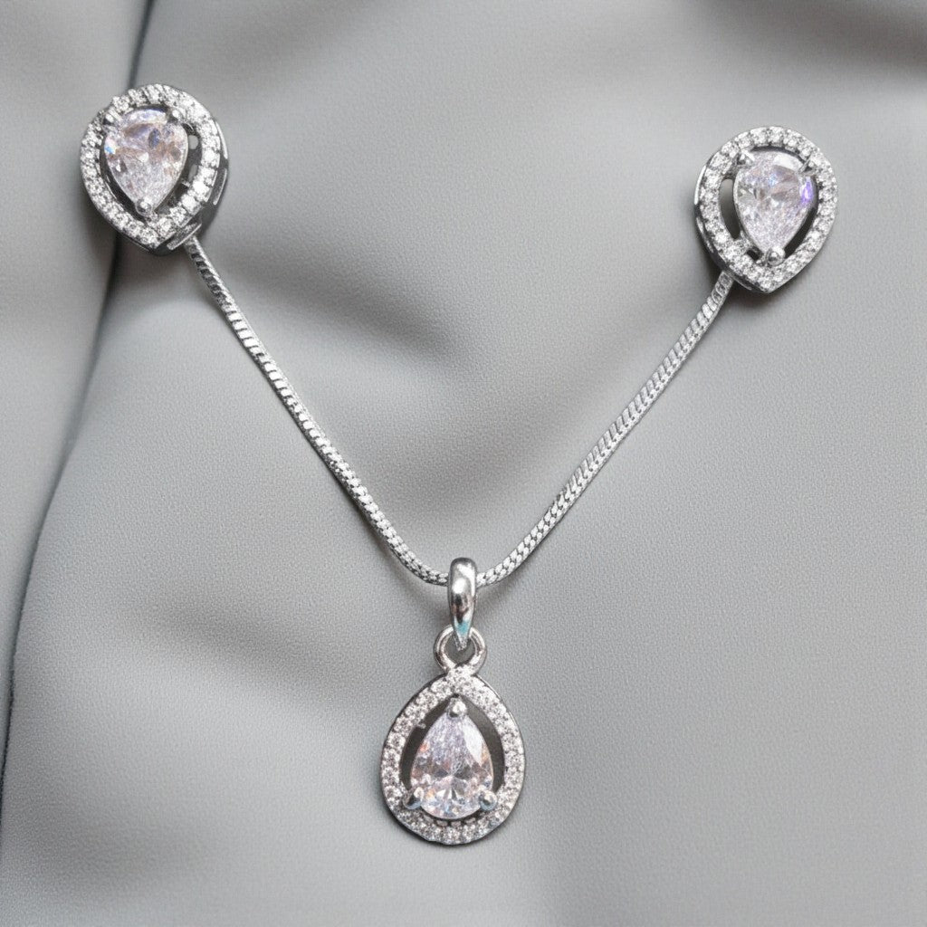 91609-PS-American Diamond Delicate Pendant Set With Rhodium Plating-Design 1