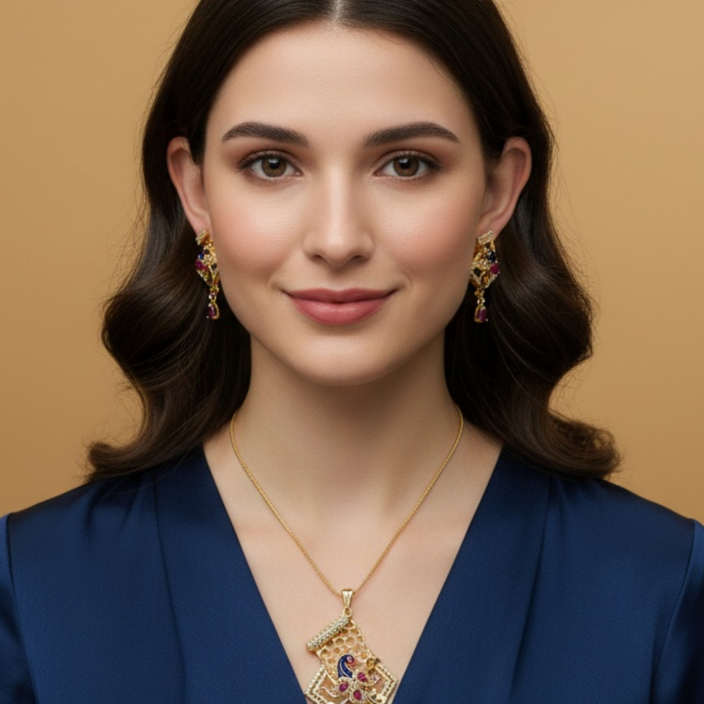 1056-American Diamond Delicate Pendant Set -Ruby