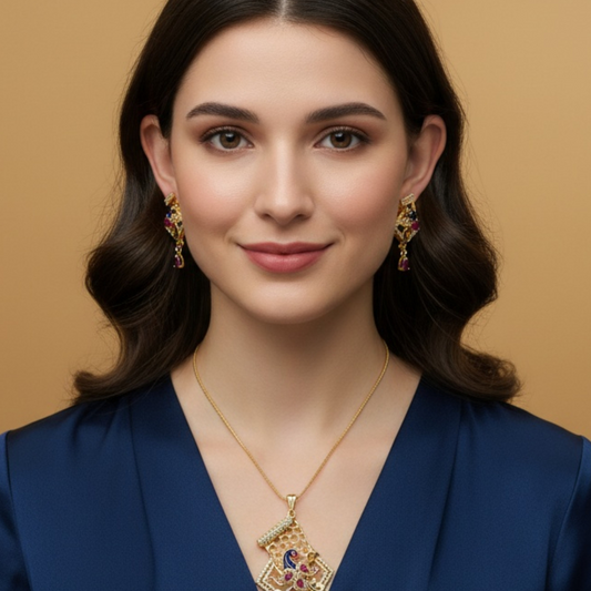 1056-American Diamond Delicate Pendant Set -Ruby