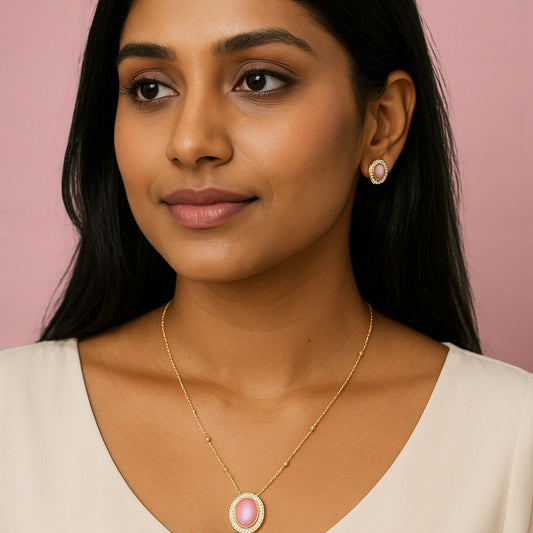 428735-American Diamond Delicate Pendant Set With Gold Plating-Pink